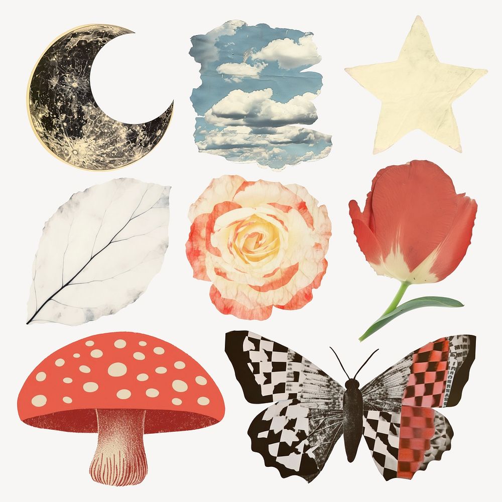 Vintage nature-themed collage elements set psd