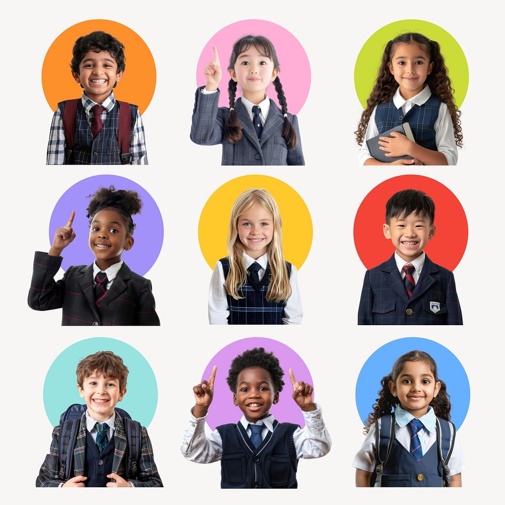 Diverse school children smiling  set psd