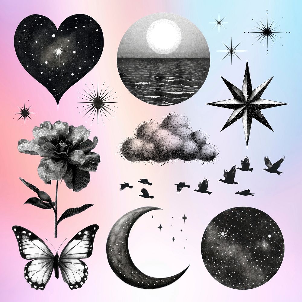 Celestial nature art collage  set psd