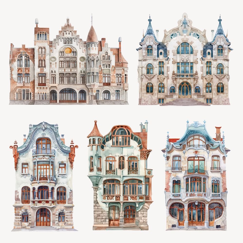 Charming historic European architecture illustration  set psd