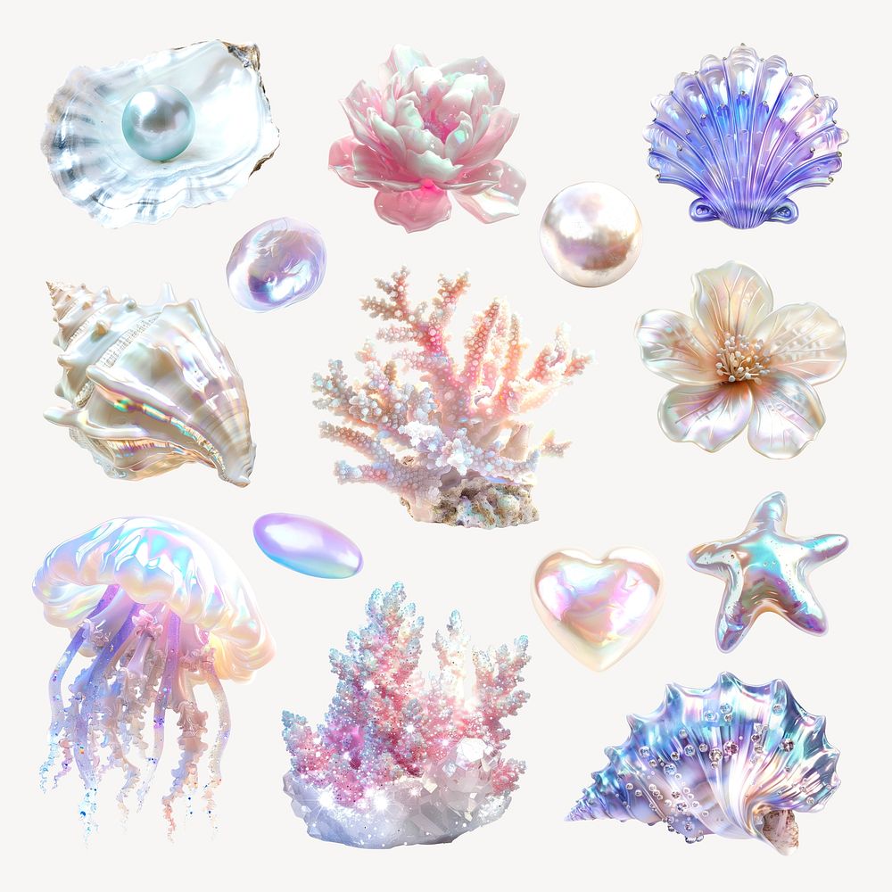 Iridescent ocean-themed decorative elements  set psd