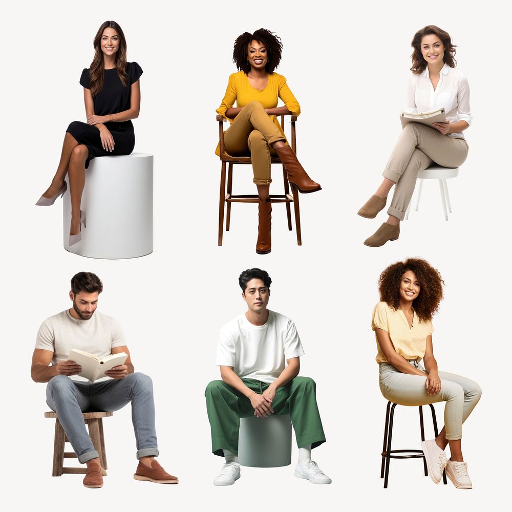 Diverse people sitting on stools set psd