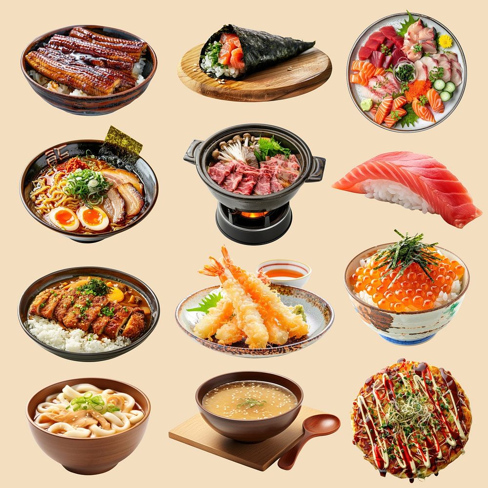 Authentic Japanese cuisine assortment  set psd