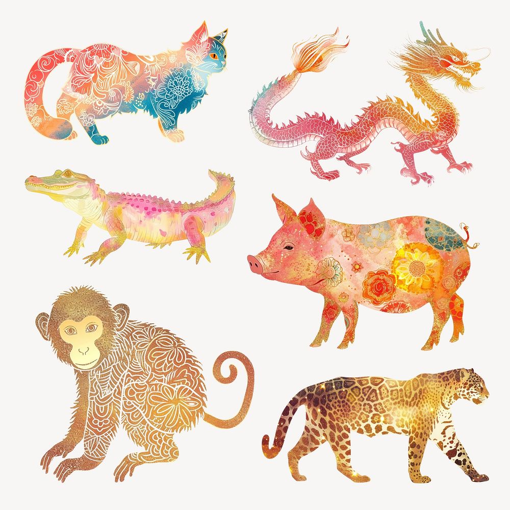 Colorful animal art illustration  set psd