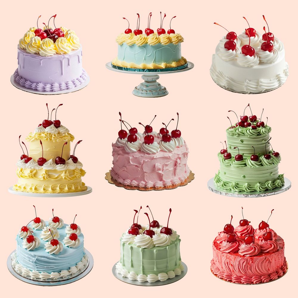 Colorful cakes with cherries  set psd