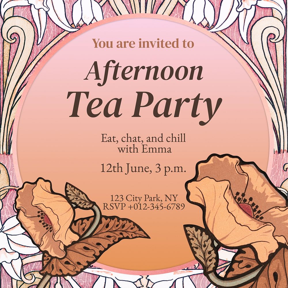 Tea party invitation Instagram post template  