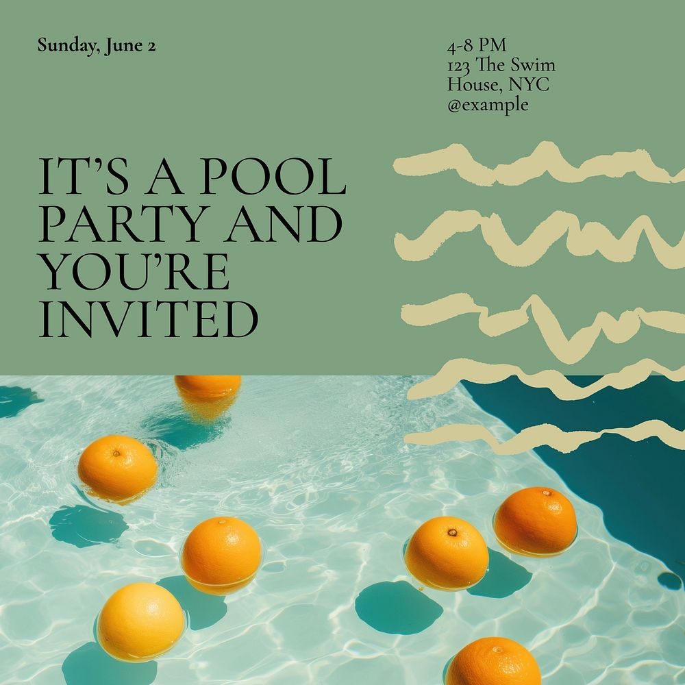 Pool party Facebook post template, editable design