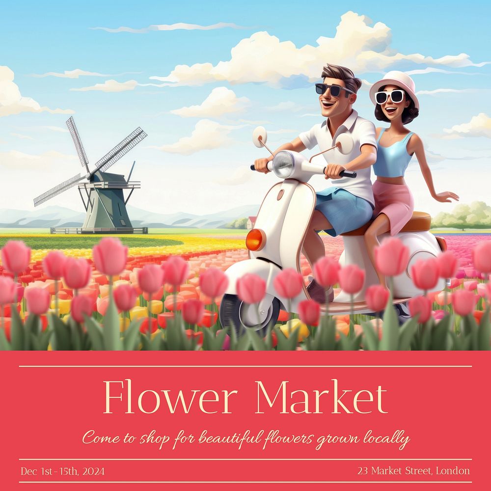 Flower market Instagram post template, editable text