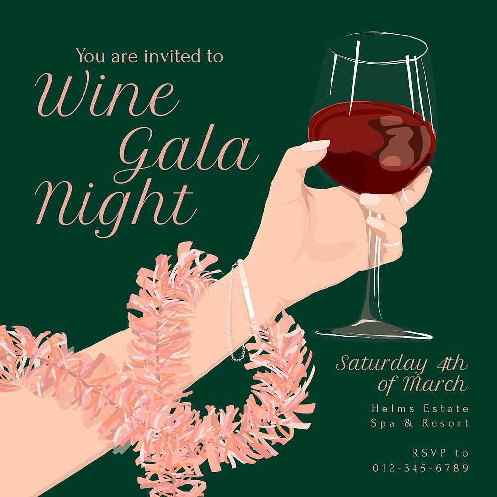 Wine gala night Instagram post template, editable text