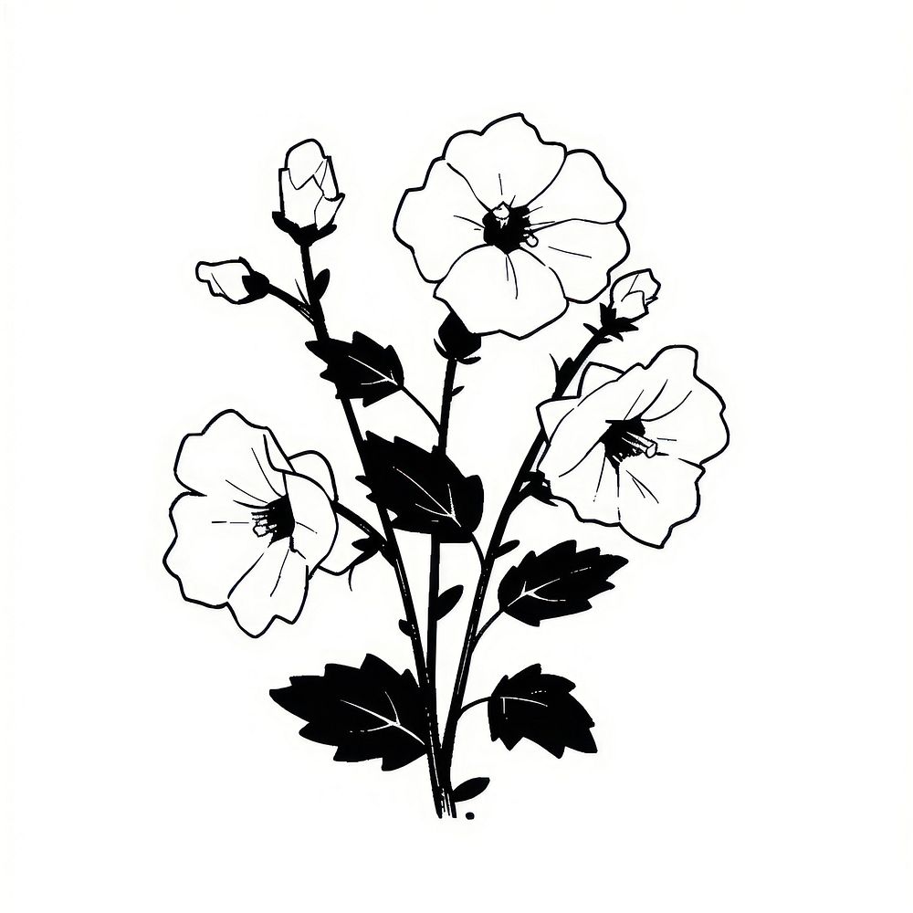 Hollyhock flower illustrated silhouette drawing.