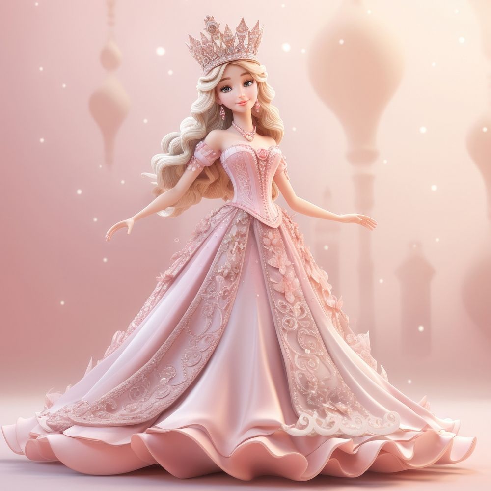 3d render of beautiful Princess wear crown dress figurine clothing.