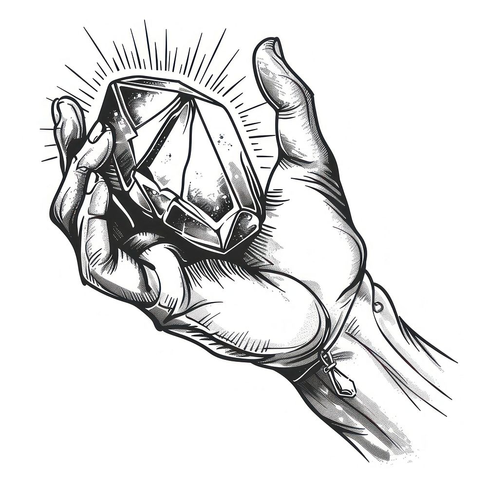 Hand holding a gem illustrated drawing sketch.