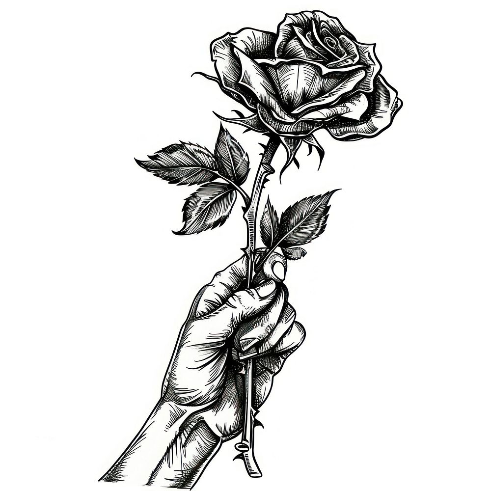 Hand holding a rose illustrated drawing blossom.