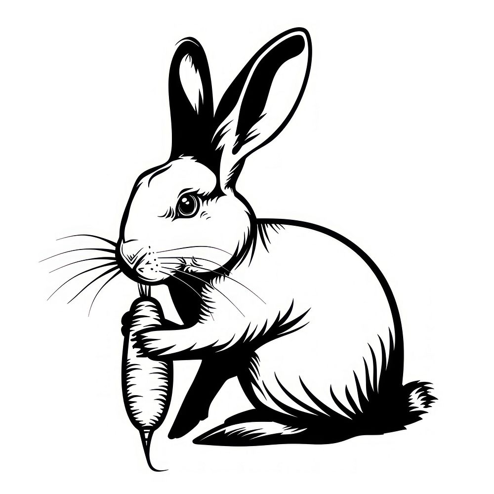 Rabbit eating carrot illustrated stencil drawing.