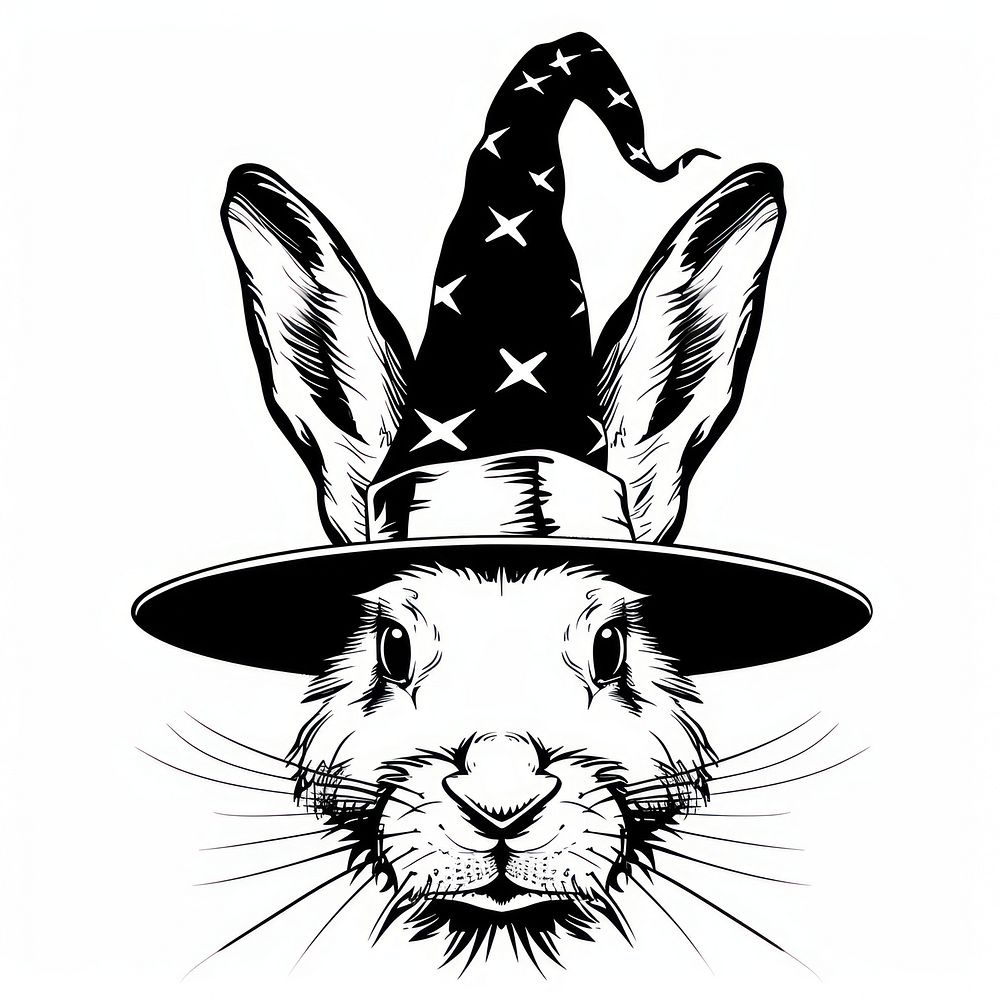 Rabbit in magic hat illustrated clothing stencil.