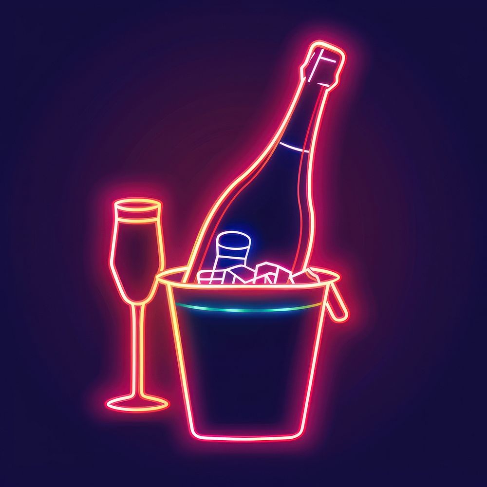 Champagne bottle and glasses in an ice bucket neon lighting beverage.