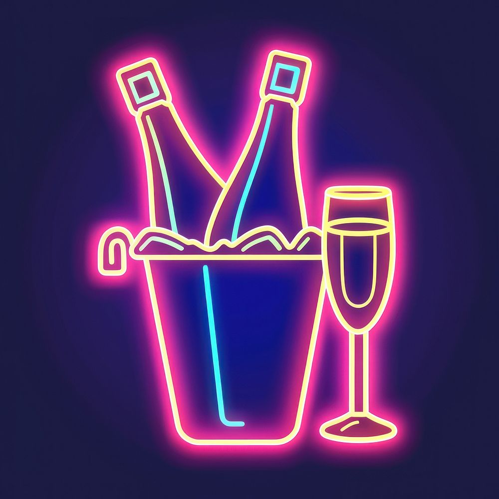 Champagne bottle and glasses in an ice bucket neon light.