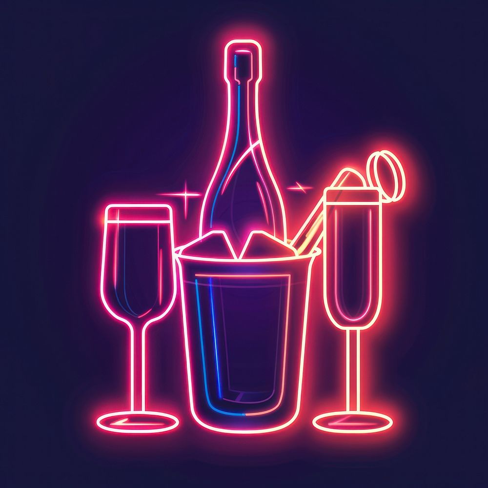 Champagne bottle and glasses in an ice bucket neon chandelier lighting.