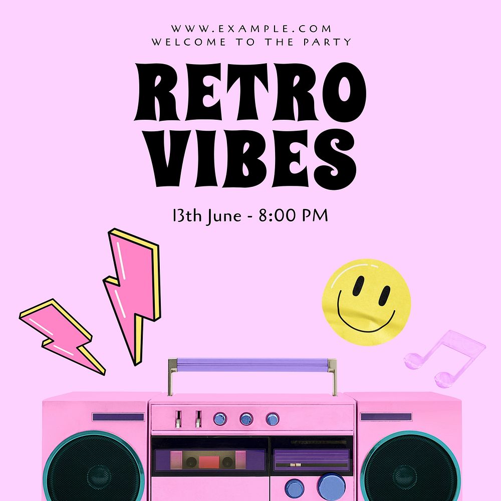 Retro vibes party Instagram post template, editable text