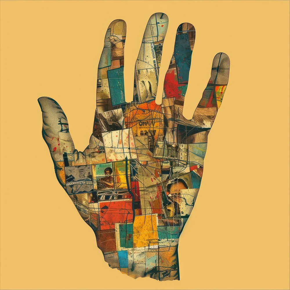 Spread hand figure shape with pictures inside poverty concept patchwork painting collage.