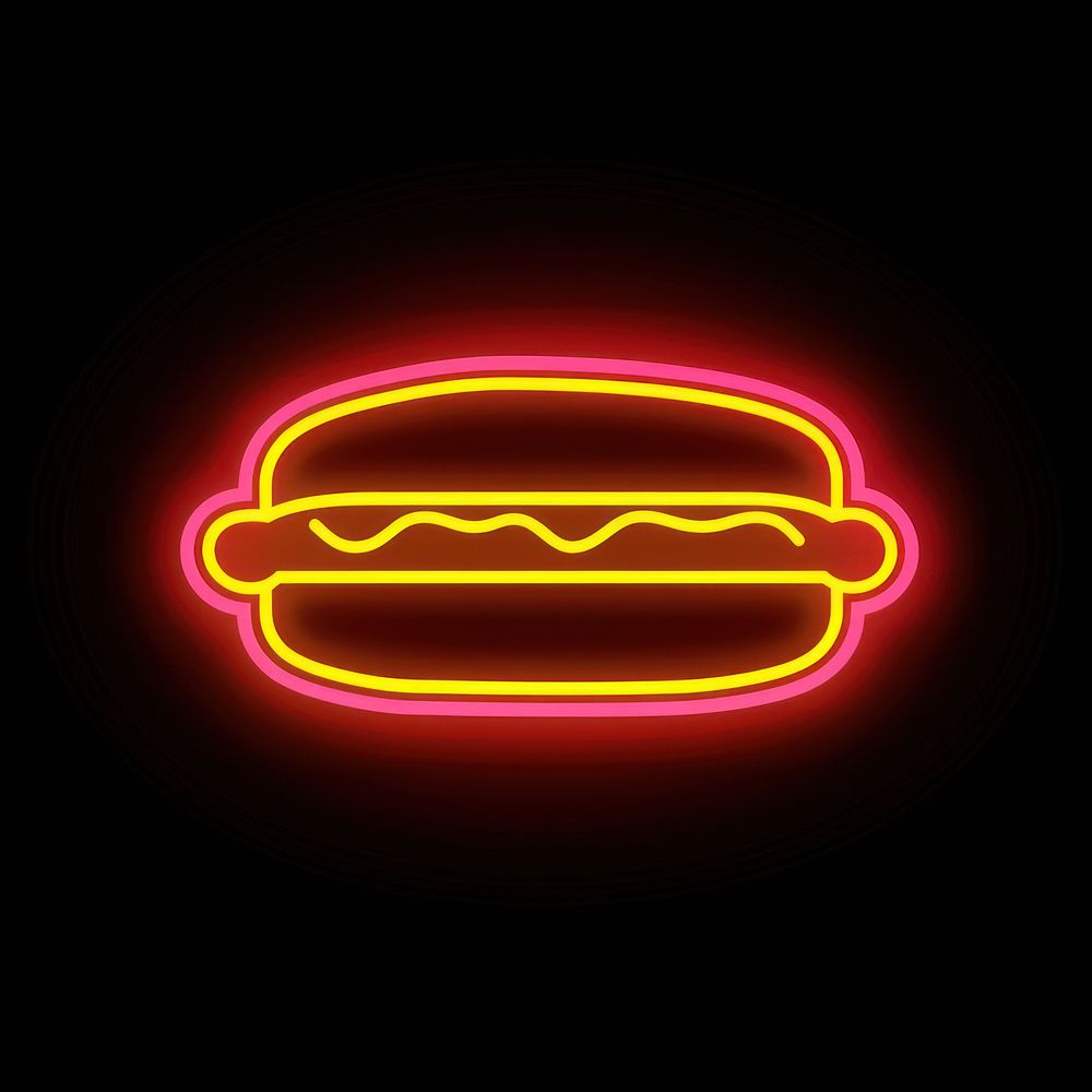 Hot dog icon neon light disk.
