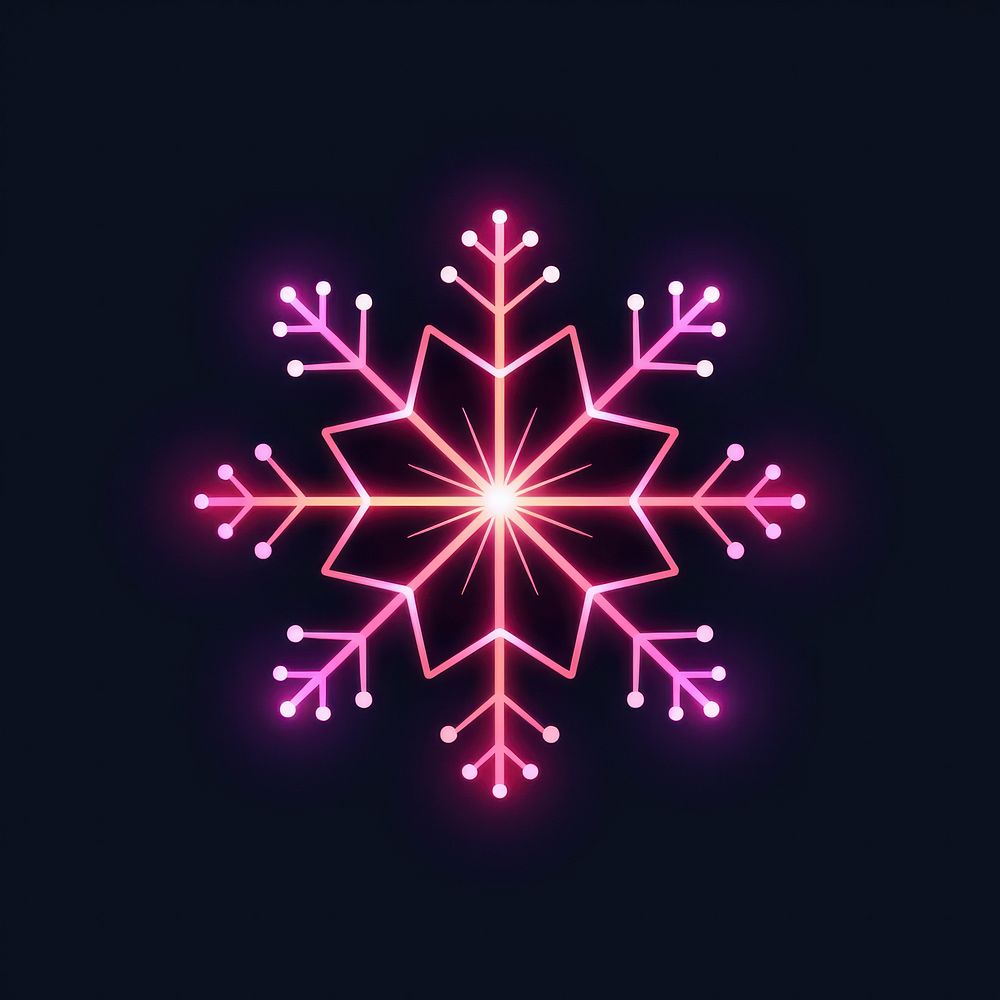 Snowflake icon neon chandelier outdoors.
