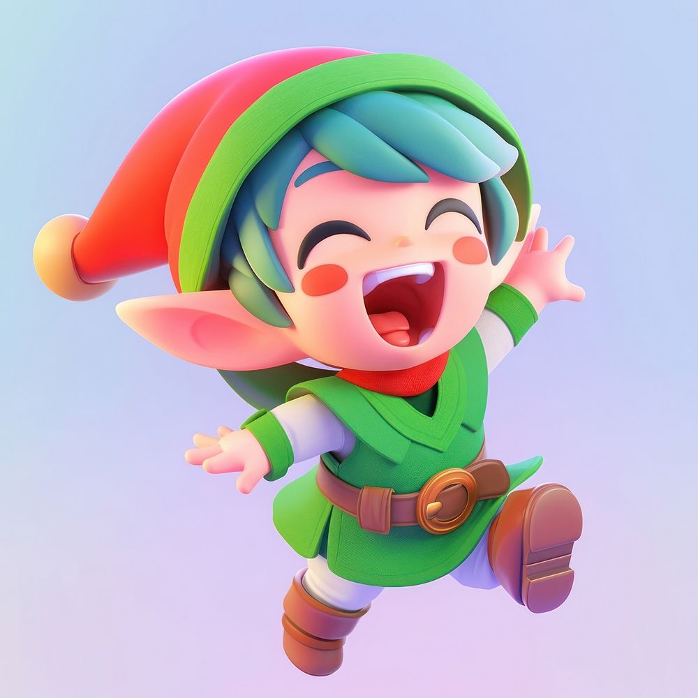 Baby little Elf jumping for joy happy cartoon performer person.