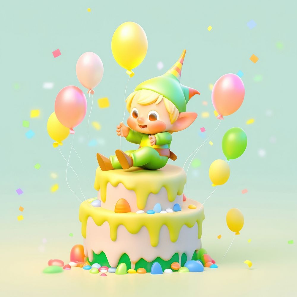 Little Elf hoiding happy birthday cake dessert balloon people.