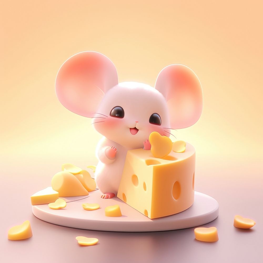 Cute baby mouse eating cheese sitting on a plate medication dessert cream.