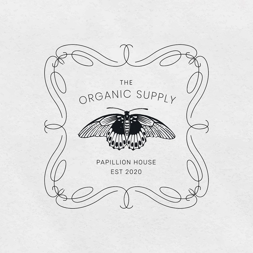 Vintage butterfly  logo template,  linocut design for small business