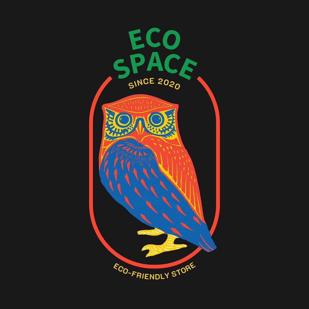 Retro owl  logo template,  linocut design for small business