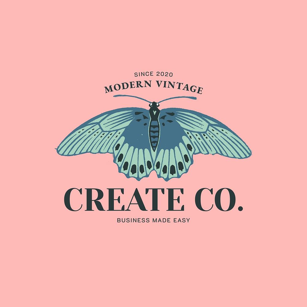 Retro butterfly logo template,  linocut design for small business