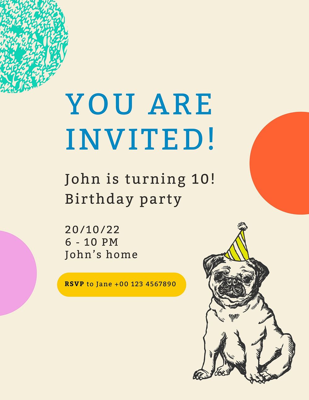 Birthday party invitation flyer, dog editable design remixed from artworks by Moriz Jung