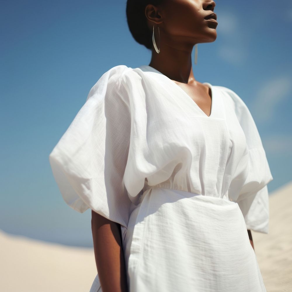 Clean minimal white linen dress woman beachwear clothing.