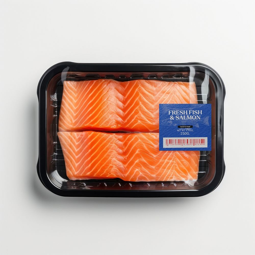 Salmon tray pack label mockup psd