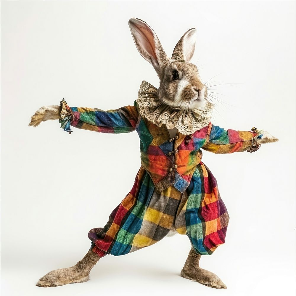 Happy smiling dancing rabbit Harlequin female person animal.