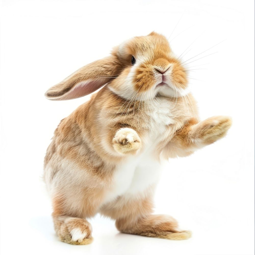 Happy smiling dancing rabbit Holland Lop animal mammal rodent.