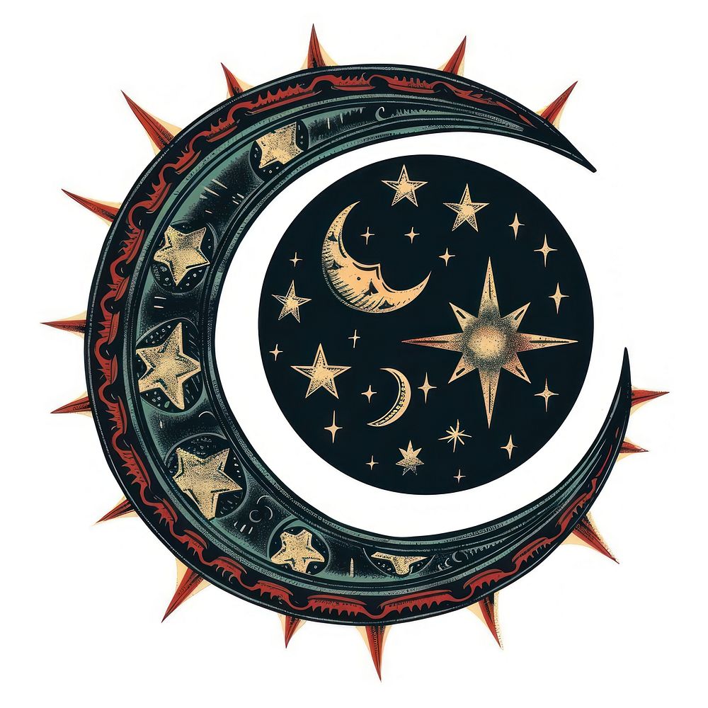 Tattoo illustration of a moon phase animal shield symbol.