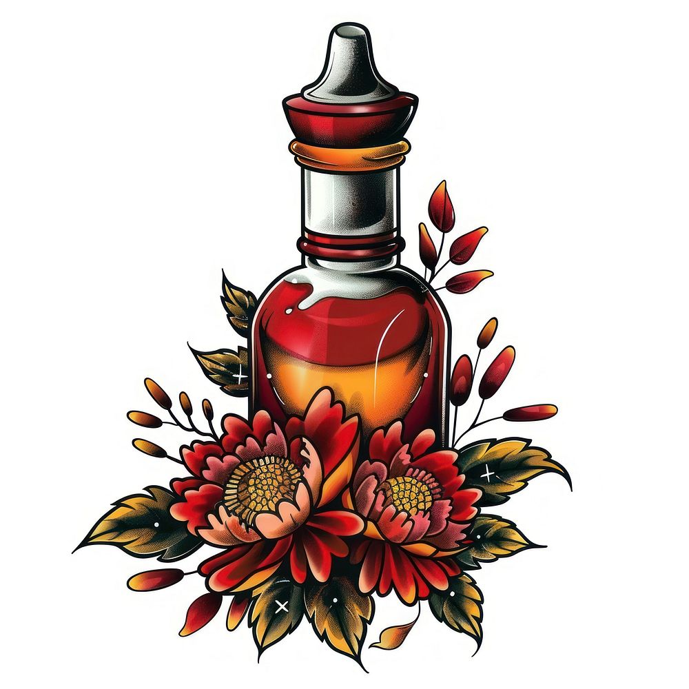 Tattoo illustration of a nail polish bottle cosmetics blossom perfume.