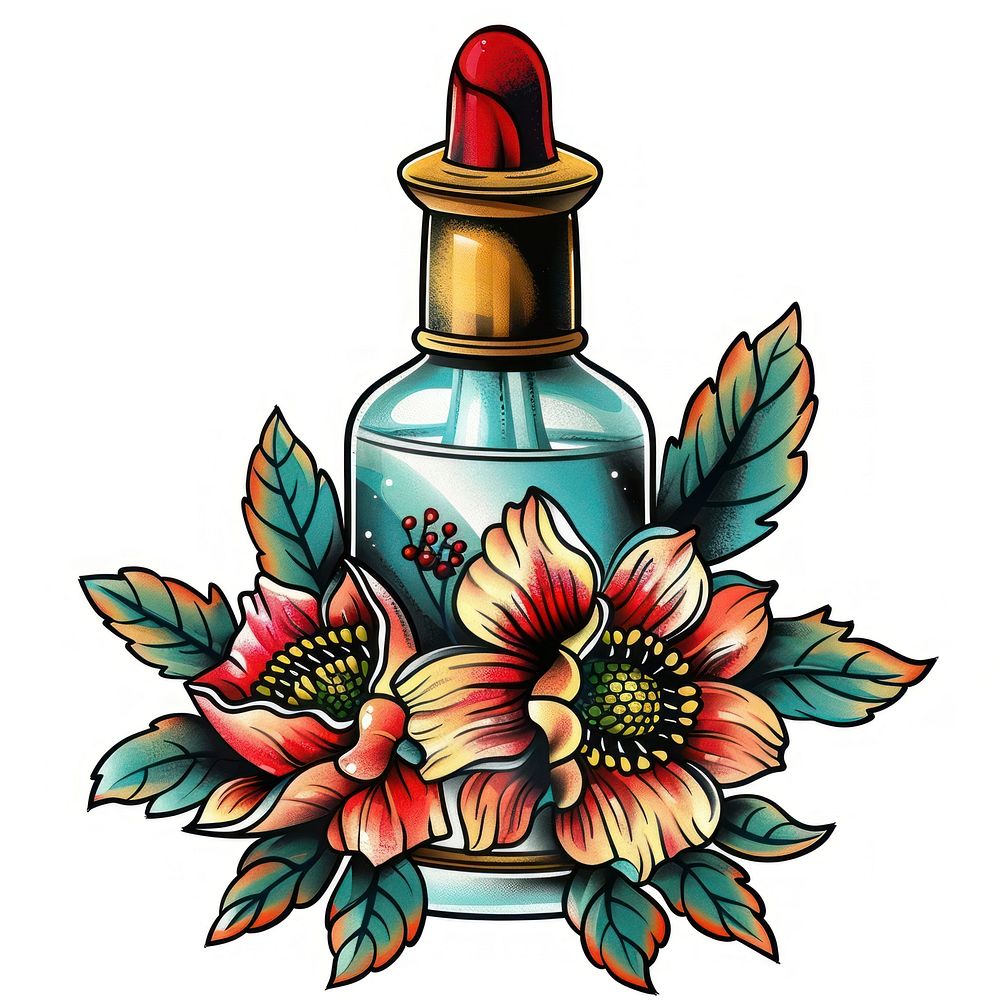 Tattoo illustration of a nail polish bottle cosmetics blossom perfume.