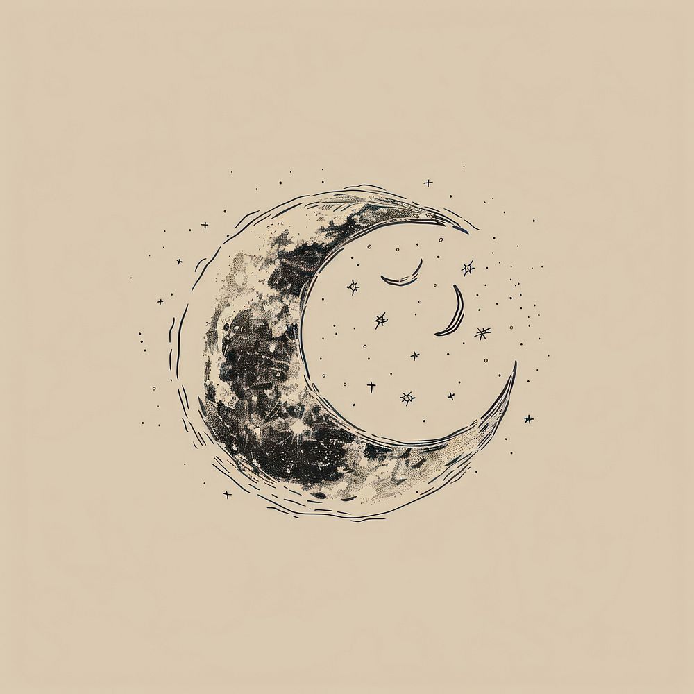 Hand drawn of moon phase last quarter drawing illustrated.