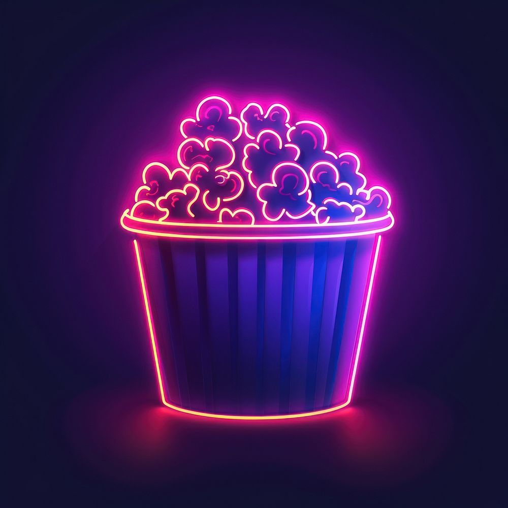 Bowl of popcorn neon lighting purple.