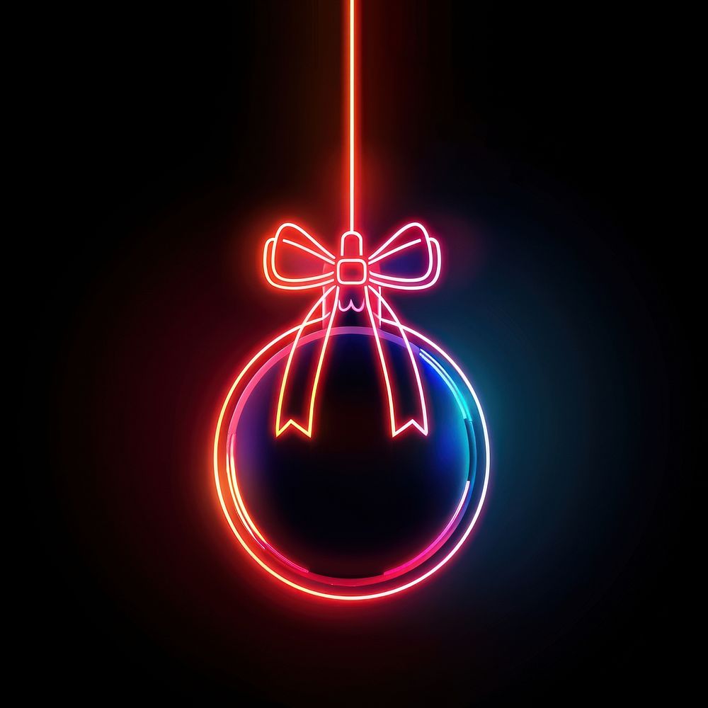 Christmas ball with ribbon neon astronomy outdoors.