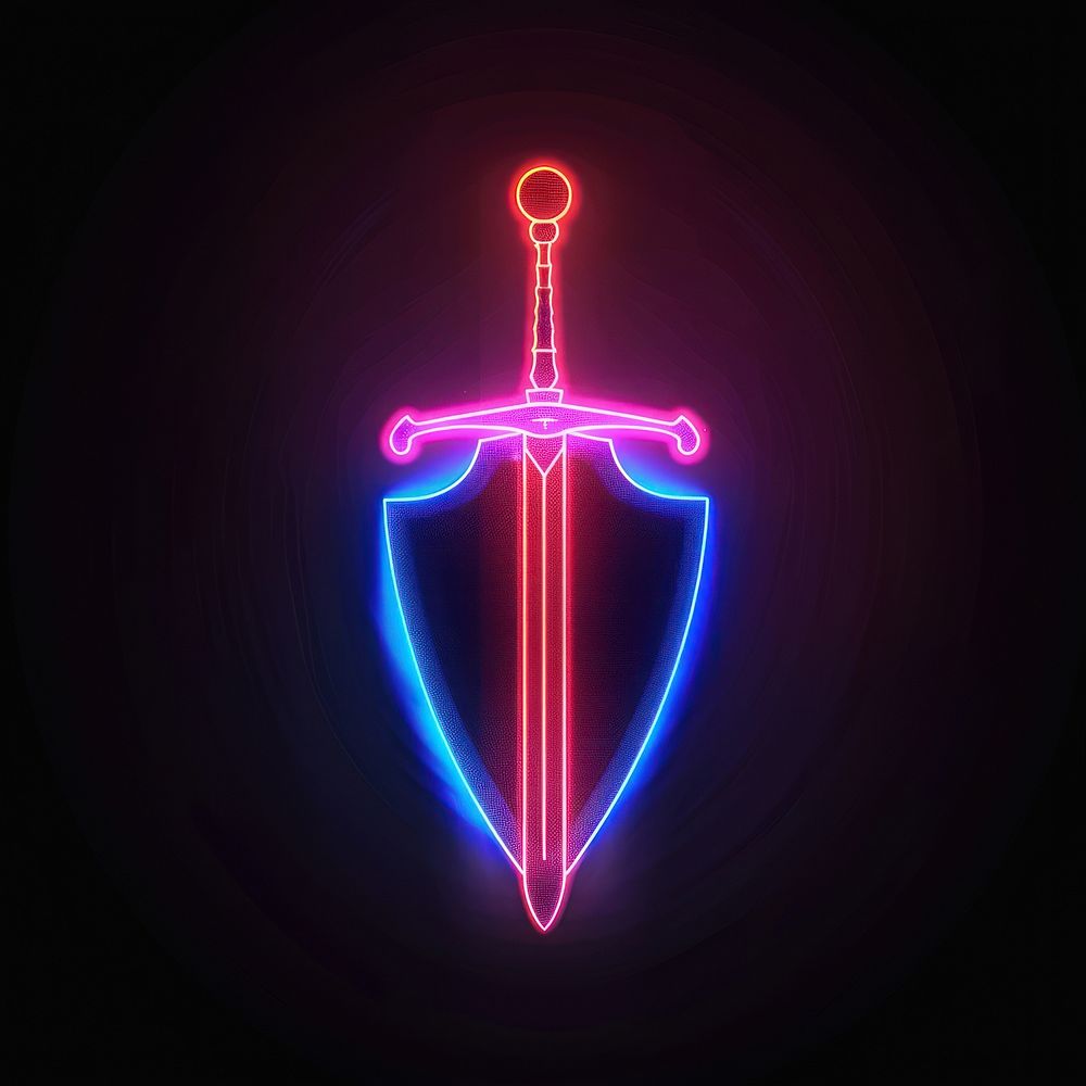 Shield and sword neon weaponry symbol.
