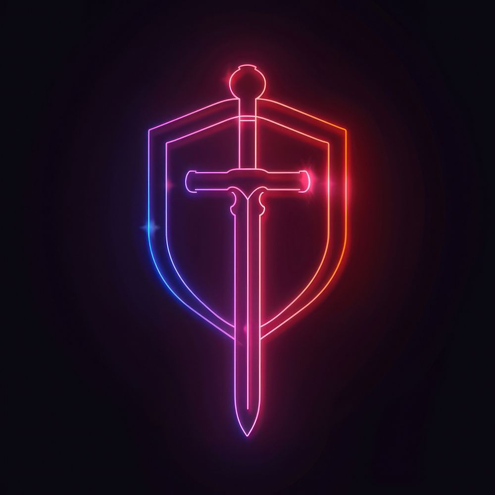 Shield and sword neon symbol light.