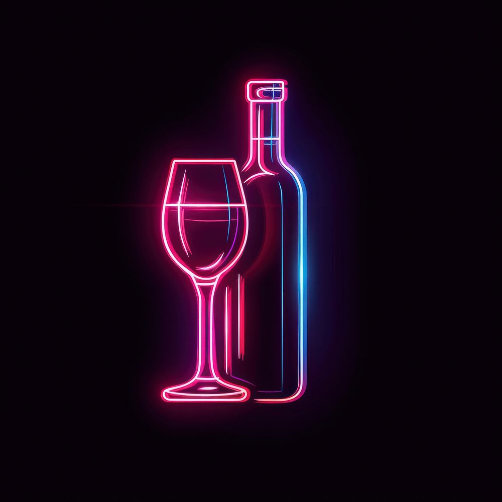 Wine glass with wine bottle neon lighting beverage.