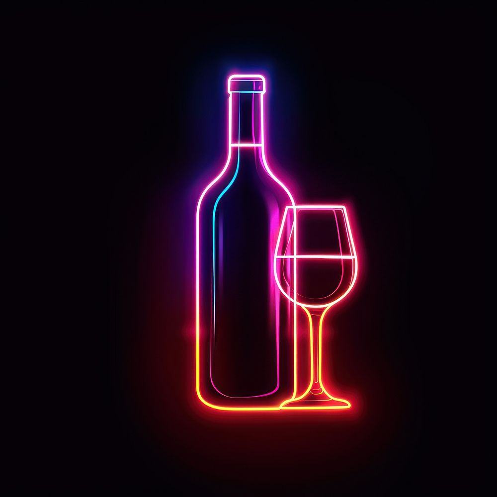 Wine glass with wine bottle neon beverage alcohol.