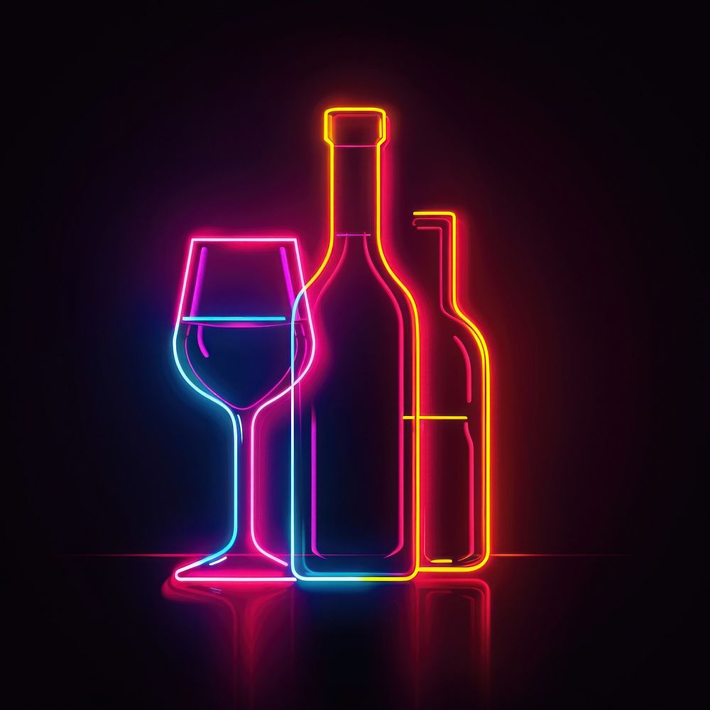 Wine glass with wine bottle neon light.