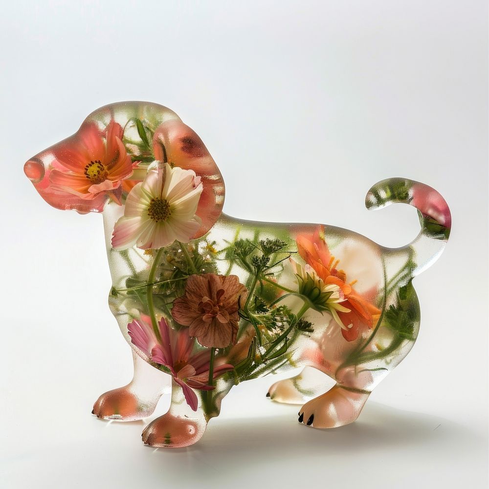 Flower resin dachshund shaped asteraceae graphics figurine.