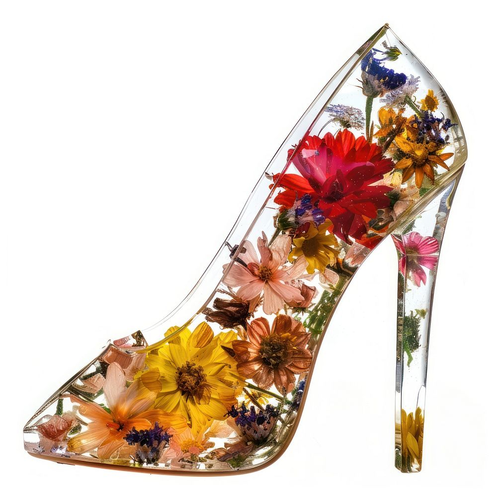 Flower resin high heels shaped clothing footwear apparel.